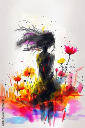 sketch girl holding one single colorful flower in a huge colorful flower field neon watercolor
