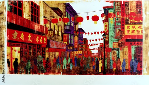 Vibrant red and yellow street art on a white wall in an Asian urban setting © Wirestock