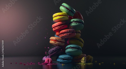 AI generated illustration of a stack of colorful macarons on a dark background