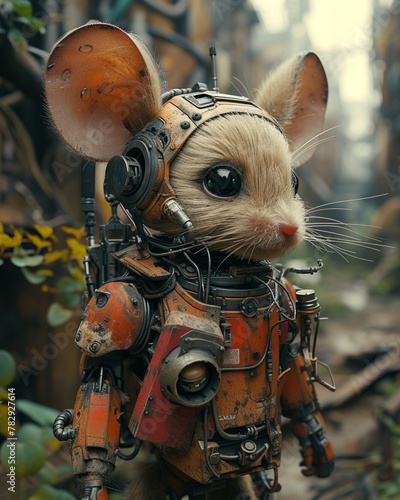 AI generated illustration of a rusty robotic mouse figure photo