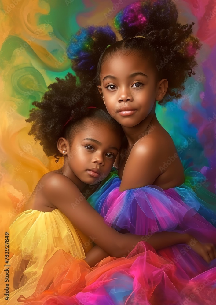 two young African American girls, sisters, one slightly older and taller in stature