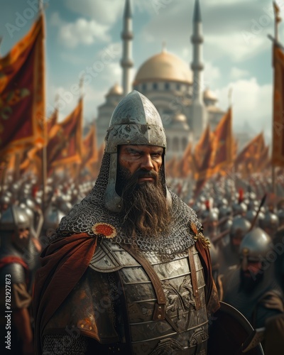 varangian guard. portrait of a viking knight wearing chainmail standing at the gates of Constantinople
