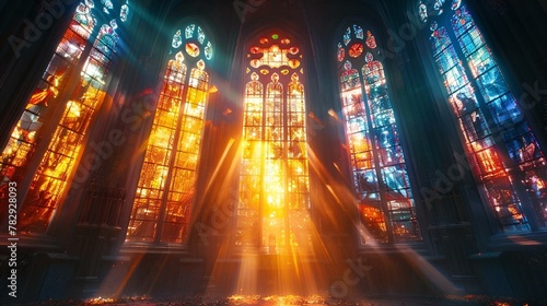 AI-generated illustration of Sunlight filters through multi-level cathedral stained glass windows © Wirestock