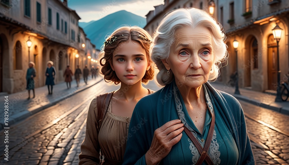 An elderly woman and a young girl walk through an old European town street at dusk, their faces illuminated by the warm glow of the setting sun.. AI Generation An elderly woman and a young girl walk through an old European town street at dusk, their faces illuminated by the warm glow of the setting sun.. AI Generation