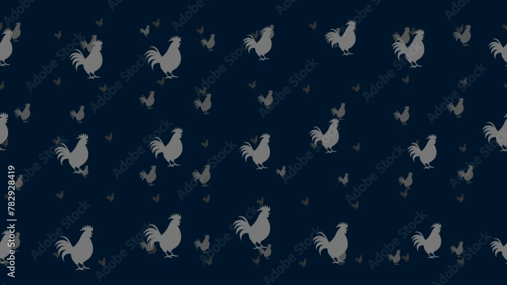 Rooster symbols float horizontally from left to right. Parallax fly effect. Floating symbols are located randomly. Seamless looped 4k animation on dark blue background Rooster symbols float horizontally from left to right. Parallax fly effect. Floating symbols are located randomly. Seamless looped 4k animation on dark blue background