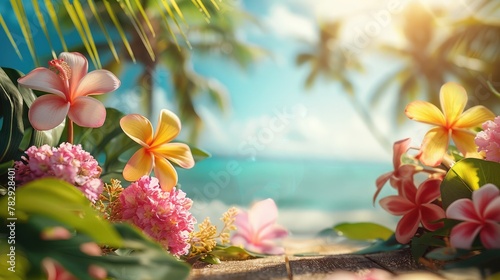Tropical summer background for product demonstration surrounded by flowers, green plants, palm trees against the backdrop of a blurred sea coast