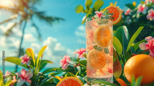 A glass of refreshing lemonade with citrus and orange slices on a summer tropical background surrounded by green leaves and flowers. Background in summer style
