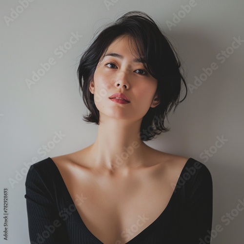 a beautiful asian woman with short black hair and a black top