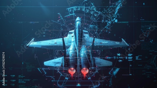 A concept of advanced aviation technology, a military aircraft with a digital radar interface