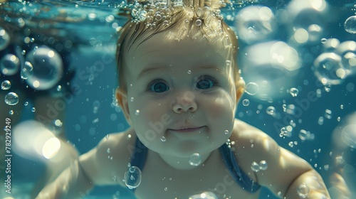 a Baby Swimming Amidst Bubbles, Capturing the Joy of Childhood Exploration