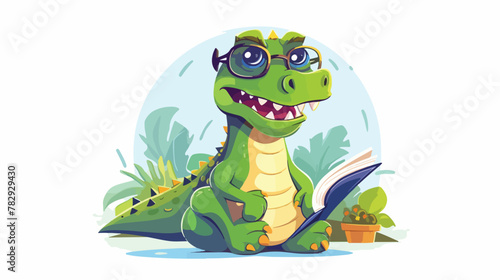 Dinosaur in glasses reading book. Education novel i
