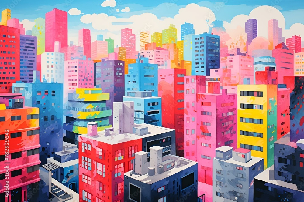 Vibrant cityscape painting of colorful urban buildings