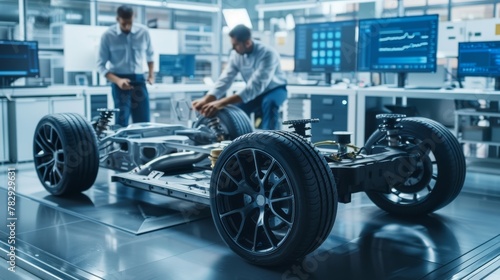 Working with a computer and a 3D CAD software, the engineer tests a prototype electric car chassis stand-alone with wheels, batteries and engine within a high-tech development lab. © Zaleman