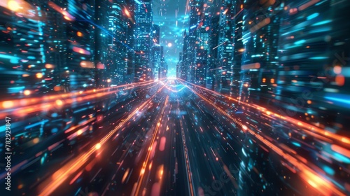 3D rendering of warp speed in hyper loop with blurred light from buildings' lights in a megacity at night. Concept of next generation technology, fintech, big data, 5G fast networks, machine © Zaleman