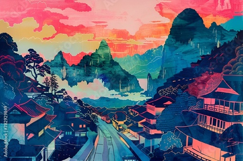 a drawing of a mountain city at sunset, with buildings and mountains in the background