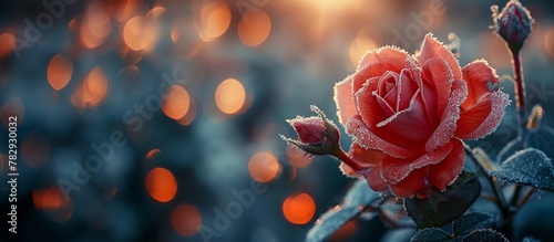 pink rose covered in frost with a blurry bokeh light background. 