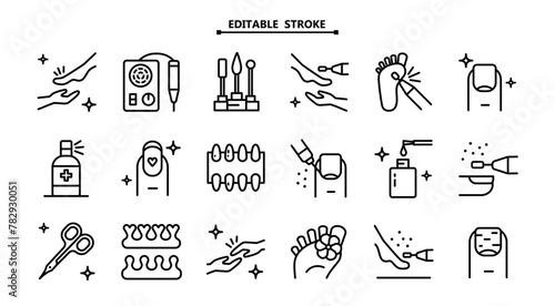 Hardware pedicure outline icons set. Foot care icon, hand with leg, pedicure, chiropody, massage - linear web symbols set on white background. Nail polish. Beauty procedures. Tools for nails treatment