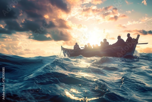 refugees in flimsy boat crossing open sea to get to another country photo