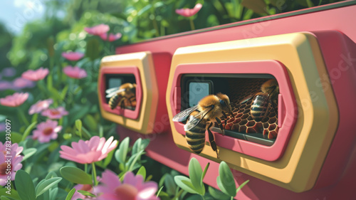 A bee enters a pink and yellow beehive in a field of pink flowers.