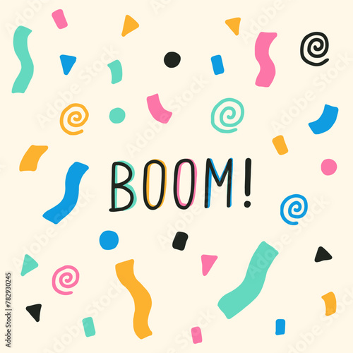 Confetti vector banner background with colorful serpentine ribbons, place for yours text at the center. Anniversary, celebration, greeting illustration in flat simple cartoon style with fun explosion.