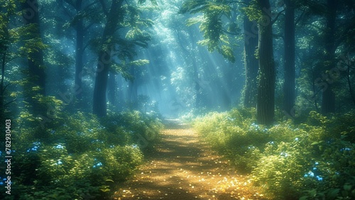 AI generated illustration of a scenic path lined with lush green trees and vibrant blue flowers