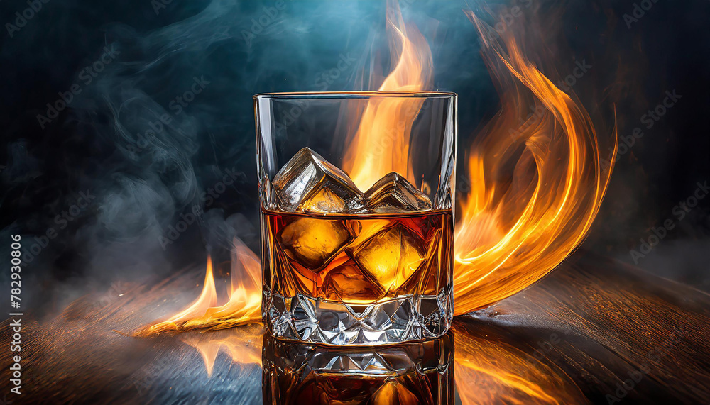 Glass of whiskey with ice and fire flames. Alcoholic drink. Tasty beverage. Dark backdrop.