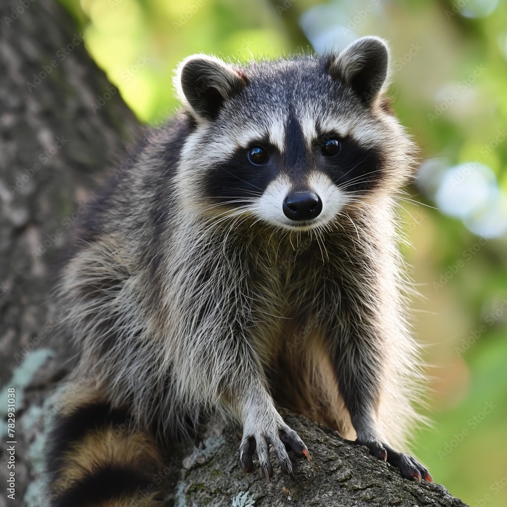 AI generated illustration of a raccoon on a tree branch in the wild