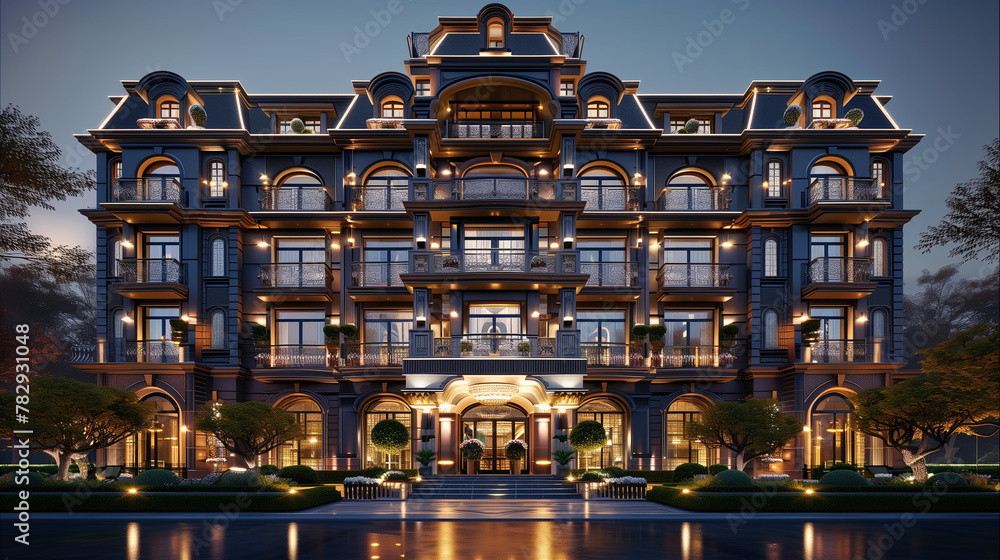 AI generated illustration of a luxurious apartment building at dusk