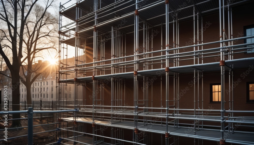A serene sunset behind a detailed scaffold structure adjacent to a building under renovation, with a warm light casting through the framework.. AI Generation