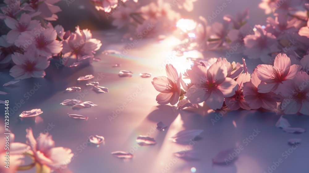 Serene Cherry Blossoms at Sunset with Radiant Light Flares