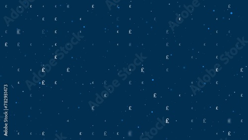 Template animation of evenly spaced lira symbols of different sizes and opacity. Animation of transparency and size. Seamless looped 4k animation on dark blue background with stars photo