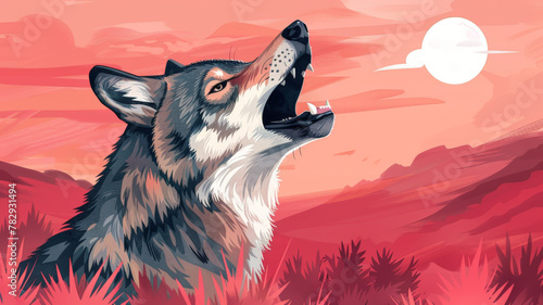 A vector illustration of a wolf howling at the moon in the desert night. photo