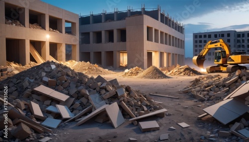 Evening falls over a construction site with a pile of rubble and a yellow excavator standing idle, signifying ongoing development or demolition.. AI Generation. AI Generation