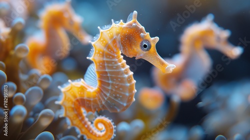 AI generated illustration of a tiny sea horse among colorful corals and marine plants