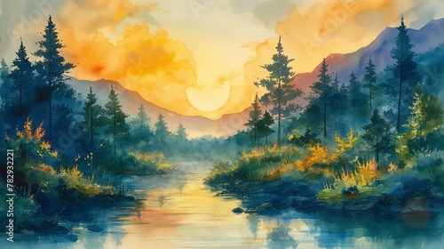 AI generated illustration of a watercolor painting of a river in a green valley at sunset