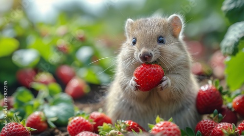 AI generated illustration of a hamster with a ripe strawberry in its mouth © Wirestock