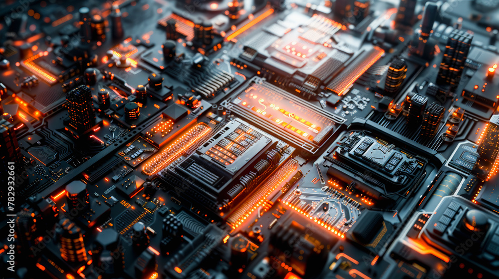 Close-up view of an illuminated electronic circuit board with integrated circuits, capacitors, and other electronic components, resembling a futuristic cityscape.