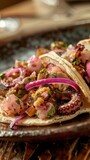 A duo of poke tacos filled with grilled octopus and topped with pickled onions and fresh herbs, shot in a rustic and intimate setting, perfect for culinary storytelling or a restaurant menu highlight.