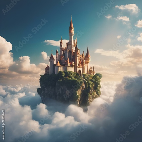 AI generated illustration of a castle perched on a rocky outcrop with scattered clouds