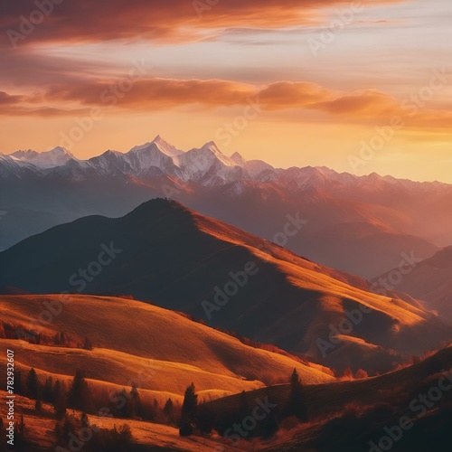 AI generated illustration of mountain landscape at sunset with distant peaks and sun setting