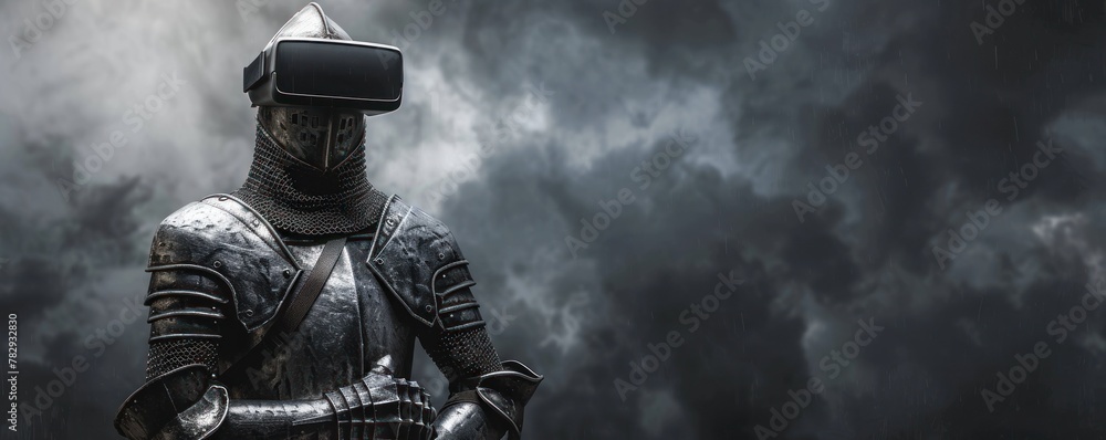 A medieval knight statue in VR headset against a stormy sky, perfect for immersive storytelling or interactive historical learning. A medieval knight statue in VR headset against a stormy sky, perfect for immersive storytelling or interactive historical learning.