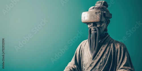 An ancient Chinese scholar statue with VR headset could symbolize the blend of traditional wisdom and modern virtual learning or philosophical contemplation.