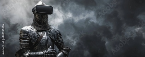 A medieval knight statue in VR headset against a stormy sky, perfect for immersive storytelling or interactive historical learning.