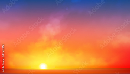 Red Sunset Sky Background,Sunrise cloud Orange,Yellow,Pink,Blue in morning Summer,Vector sunny Autumn,Nature landscape in evening.Winter sunlight,illustration Horizon Spring sundown by Sea Beach