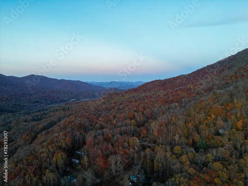 Aerial shot of colorful leaves of trees on a forest in North Carolina on autumn