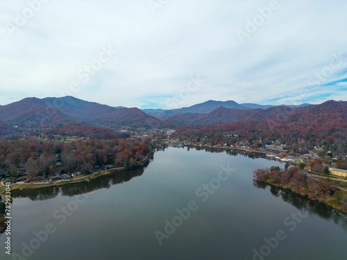 Aerial view of Lake Junaluska and forest mountain in Waynesville, North Carolina photo