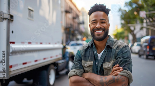 Smiling African American Delivery Man, Urban Shipping and Logistics