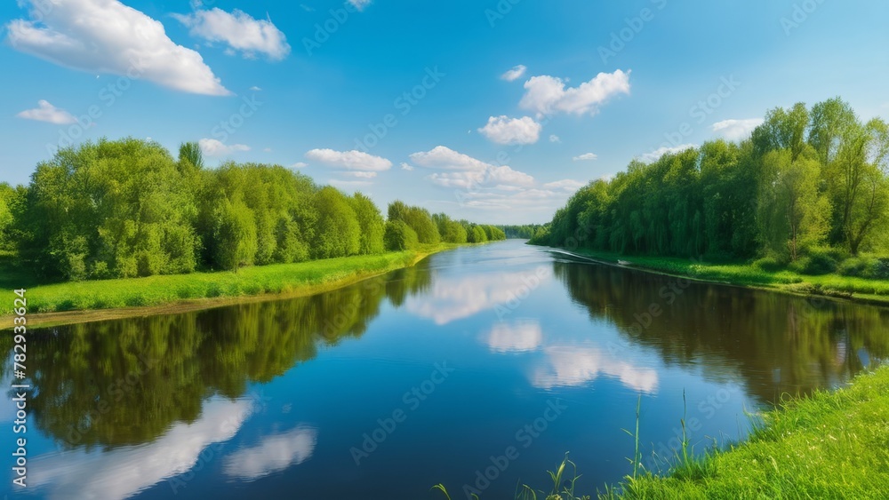 summer landscape with a serene lake, a wooden rowboat moored on the lush green shore, under a vibrant blue sky with fluffy clouds.