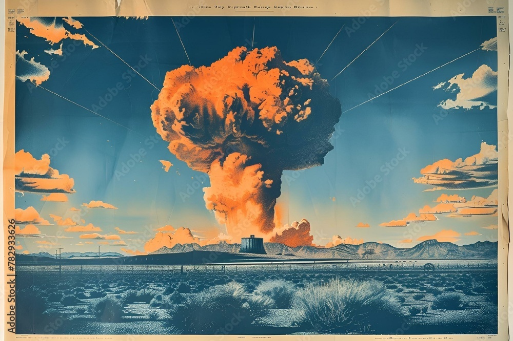 Φωτογραφία Risograph art of a giant mushroom cloud in the middle of a desert area