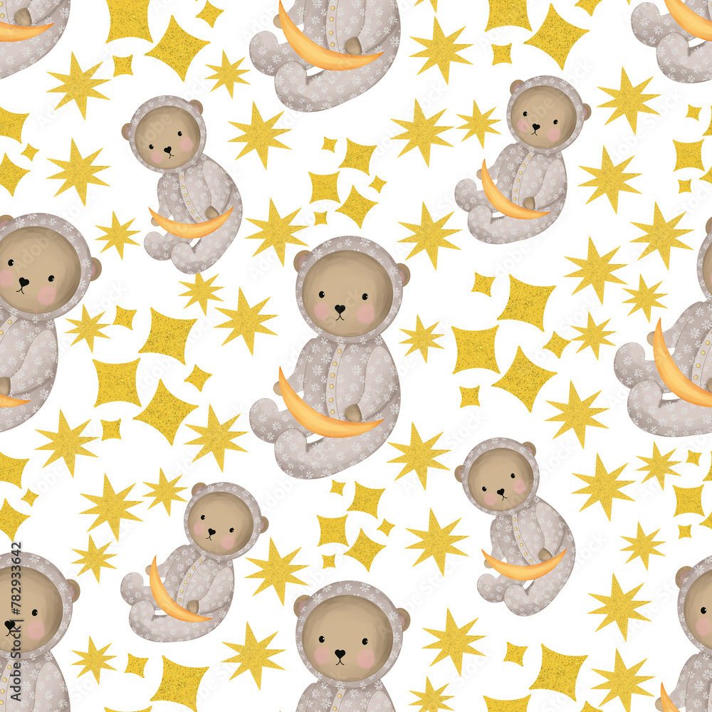 seamless pattern with a cute teddy bear and a yellow moon on a white background